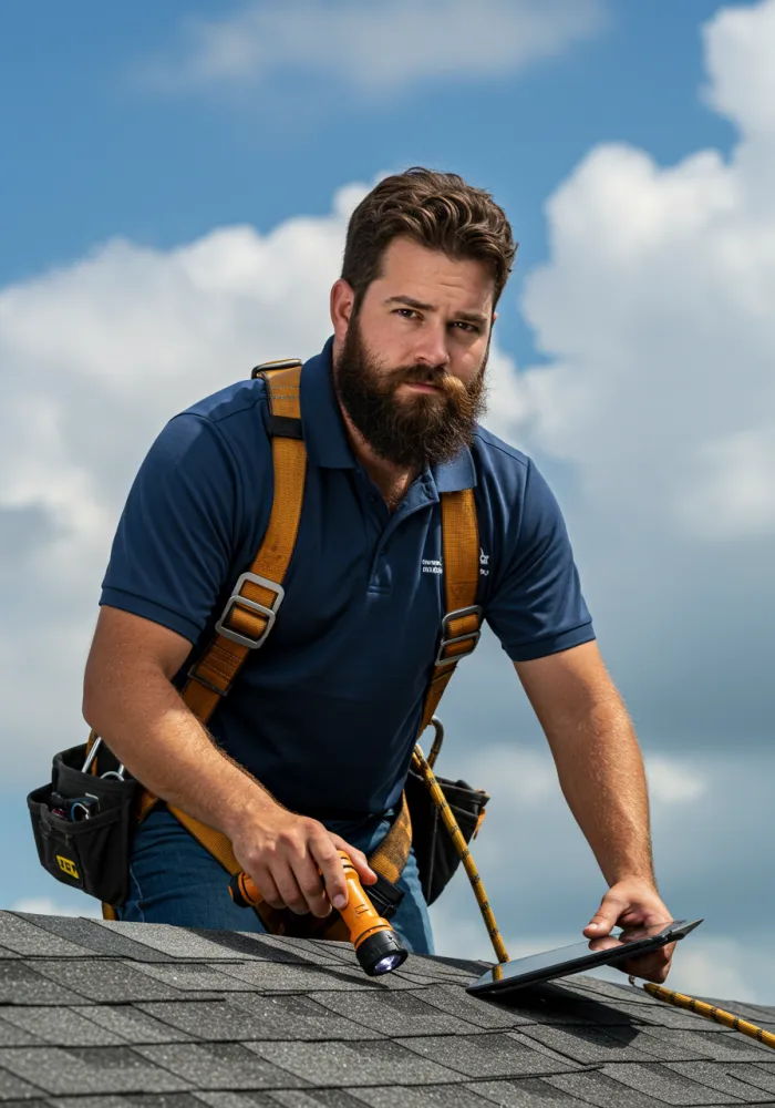 Home inspector on roof checking shingles and flashing in Florida