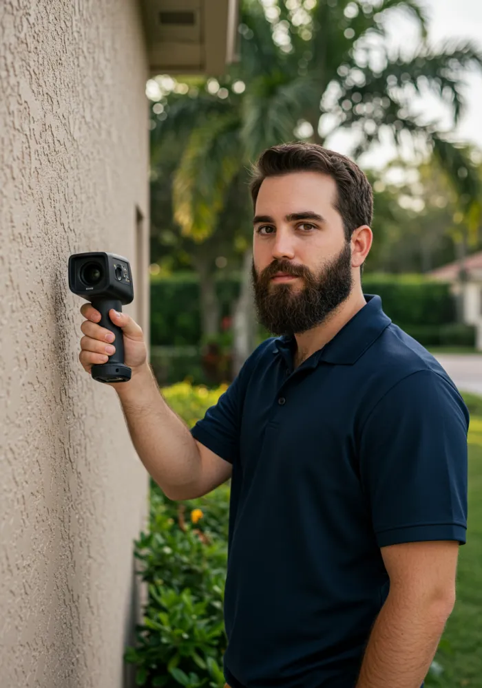 Home inspector using thermal imaging camera on Florida residential property