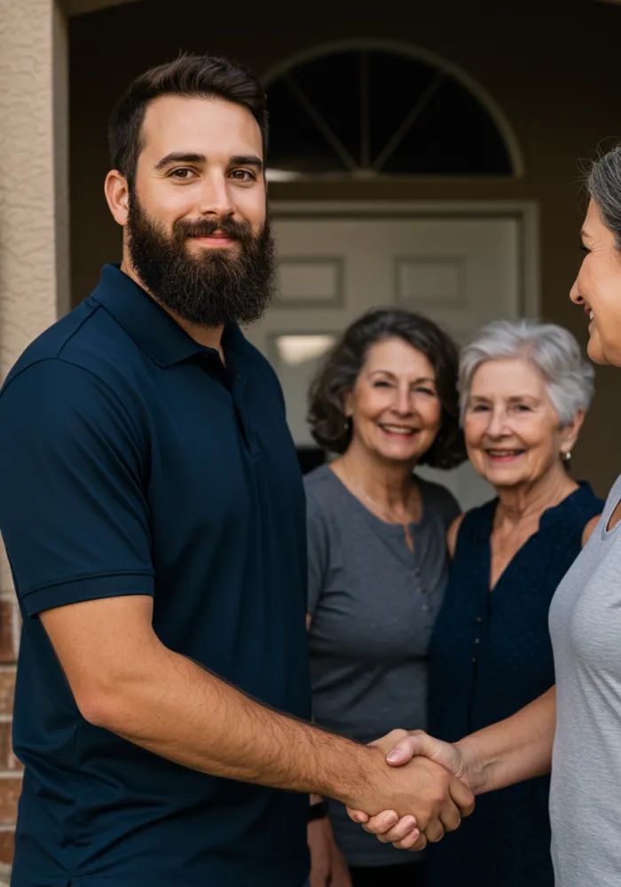 Javier Millones greeting homeowners at their front door in Orlando